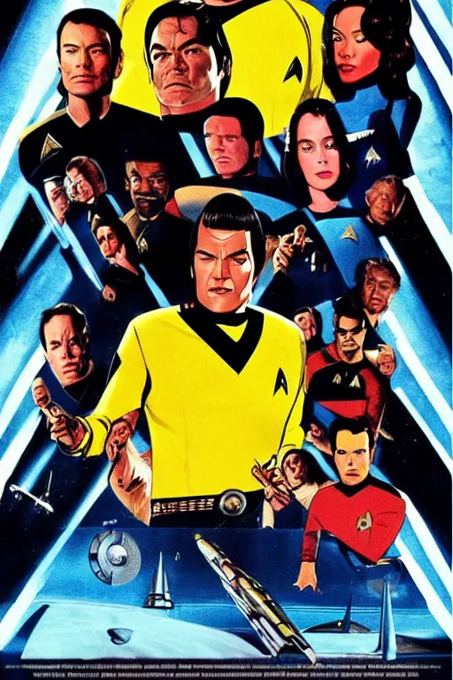 Prompt: movie poster for star trek directed by Quentin Tarantino as a pulp fiction magazine cover, in the style of James Verdesoto, Zoe Saldaña in a seductive pose, Starship Enterprise, bold fonts, highly detailed, photorealistic,
