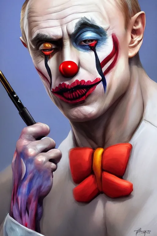 Prompt: Putin wearing Clown Makeup, anatomy, only two hands, highly detailed, digital painting, artstation, concept art, smooth, sharp focus, illustration, Unreal Engine 5, 8K, art by art by artgerm and greg rutkowski and edgar maxence