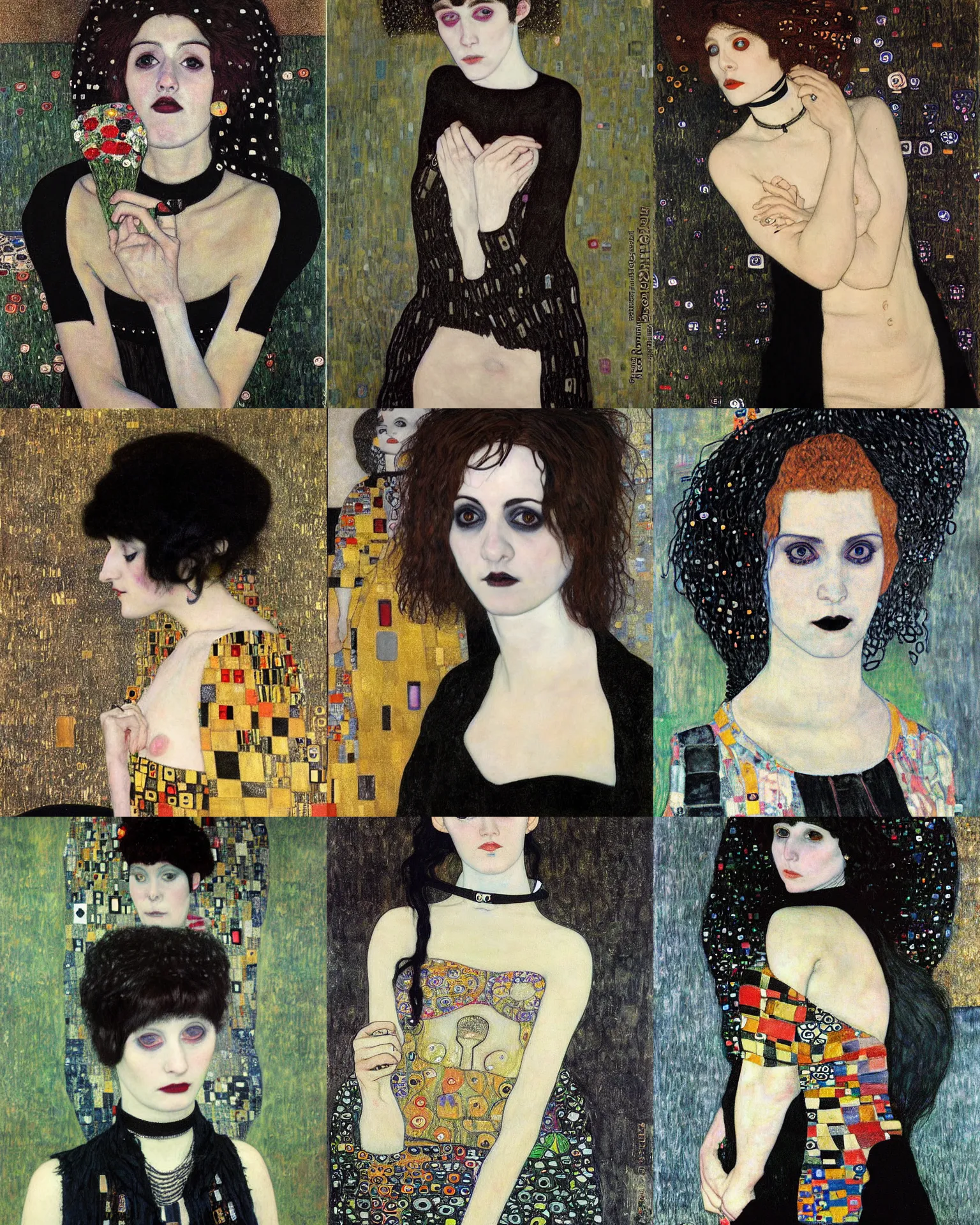 Prompt: A goth painted by Gustav Klimt. Her hair is dark brown and cut into a short, messy pixie cut. She has a slightly rounded face, with a pointed chin, large entirely-black eyes, and a small nose. She is wearing a black tank top, a black leather jacket, a black knee-length skirt, a black choker, and black leather boots.