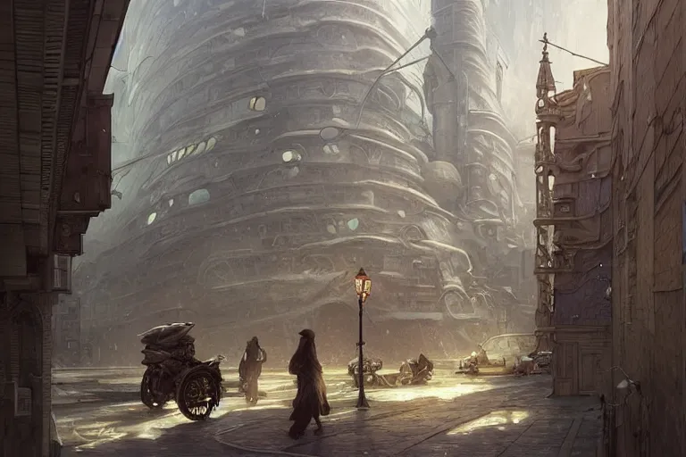 Image similar to It’s dreamy on the streets of Russian panel houses quarters on the Moon city, Norilsk, sci-fi, fantasy, intricate, very very beautiful, elegant, highly detailed composition, digital painting, artstation, concept art, smooth, sharp focus, illustration, art by artgerm and greg rutkowski and alphonse mucha