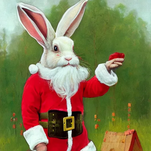 Image similar to a rabbit dressed as santa stands outside a red cottage in the swedish countryside, in the style of anders zorn