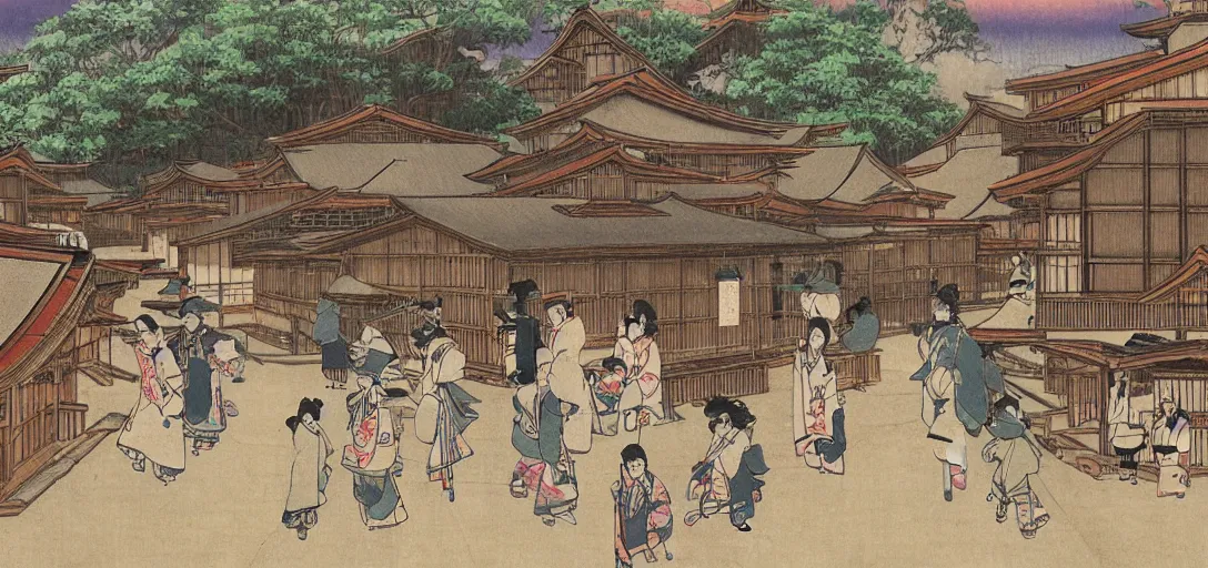 Prompt: a large japanese village in the edo period filled with anime catgirls