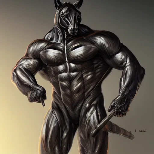 Image similar to an enormously muscular black - coated anthro horse at a research facility wearing skintight body armor, highly detailed, digital painting, artstation, concept art, illustration, art by artgerm, greg rutkowski, wlop