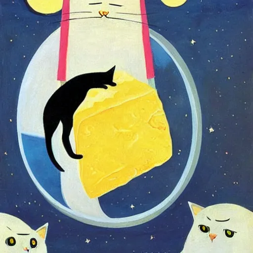 Image similar to “ a cat sitting on the moon made of cheese, bright color, by coby whitmore ”