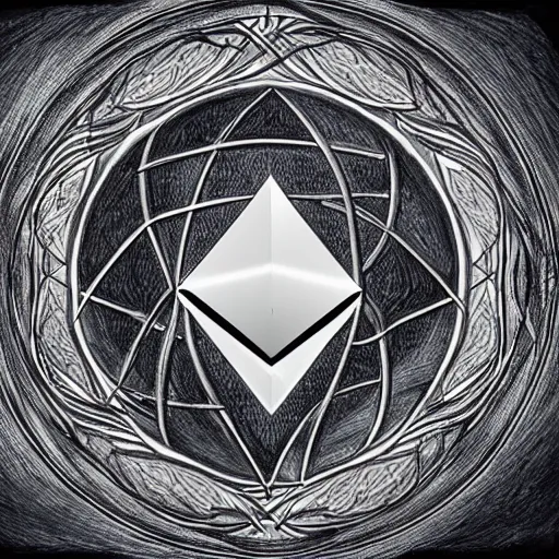 Image similar to 3 d of the ethereum symbol, 8 k, high resolution, detailed charcoal drawing, beautiful hd, art nouveau, concept art, colourful artwork, in the style of axel aabrink