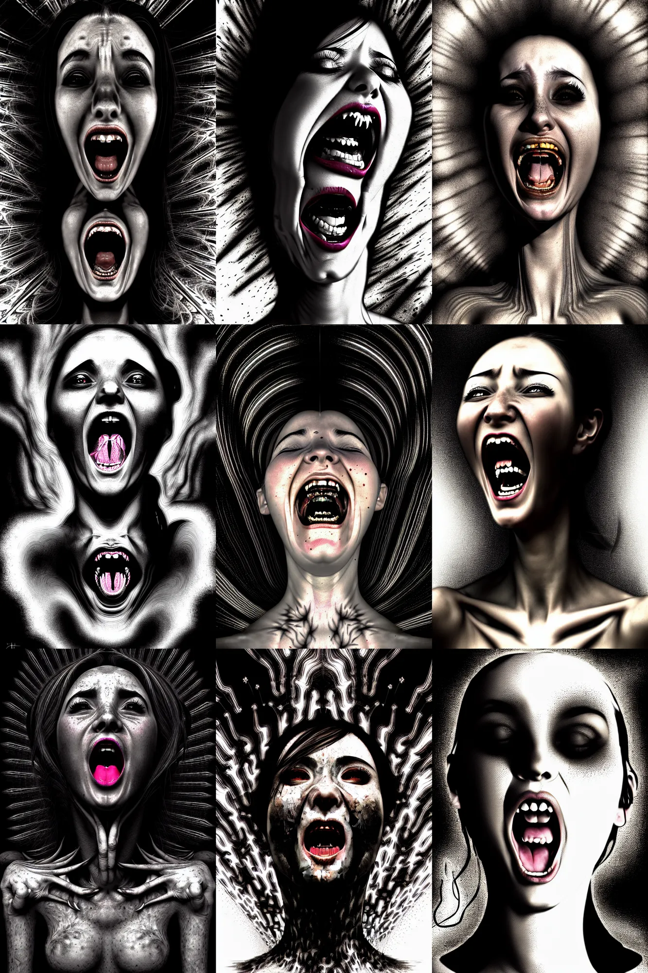 Prompt: portrait of a young woman screaming in agony. speed painting, fractal, mandelbulb, lines, black on black, black and white photograph. by caravaggio and dzo and rossdraws and kuciara and giger and mucha
