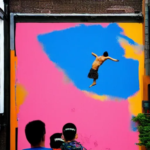 Prompt: by robert motherwell, by li wei street art. a beautiful performance art of a space battle with wild, bright colors.