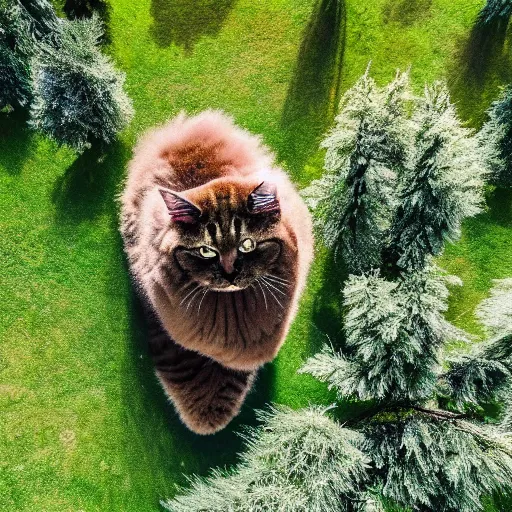 Prompt: ( enormously huge )! cat, larger than most trees with fur overwhelmingly ( very very fluffy! ) puffy fur, in a park, ( drone photo )