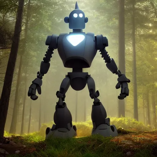 Image similar to ultra realistic and intricate detailed photograph of iron giant in forest from the movie, pixar, iron, giant, technology, innovation, bright modern style, artstation, unreal render, depth of field, ambient lighting, award winning, stunning