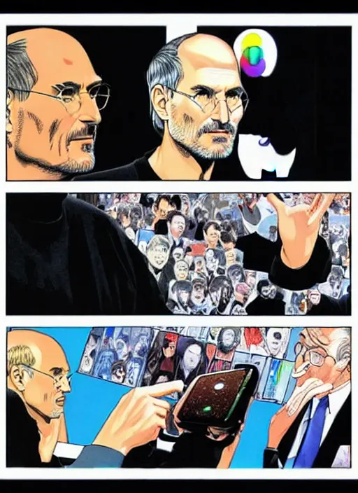 Prompt: steve jobs revealing the iphone at wwdc, manga comic, color, by katsuhiro otomo and hiroya oku and makoto yukimura