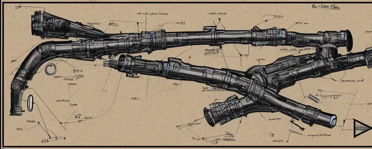 Image similar to diagram for a 1930's ray gun with fins, blueprint style, panoramic view