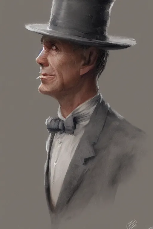 Image similar to A grey hair old halfling with stubble top hat and suit by Greg Rutkowski, painting, HD, high details, trending on artstation