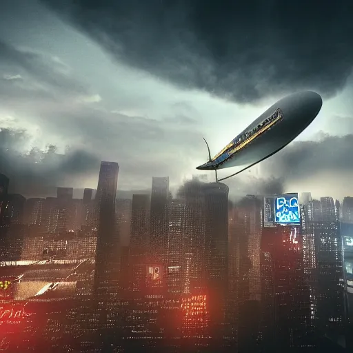 Image similar to A photorealistic 3D render of a zeppelin flying over a cyberpunk city on a cloudy night, octane render, surreal digital art