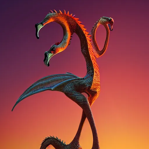 Prompt: doctor riding dragon-like flamingo in sunset