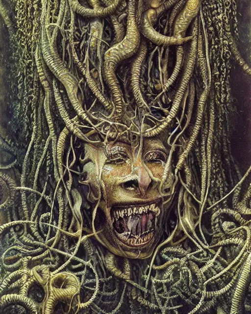 Prompt: highly detailed rendering of a smiling medusa in a primordial jungle cavern 8 k by ernst haeckel and hr giger and greg rutkowski