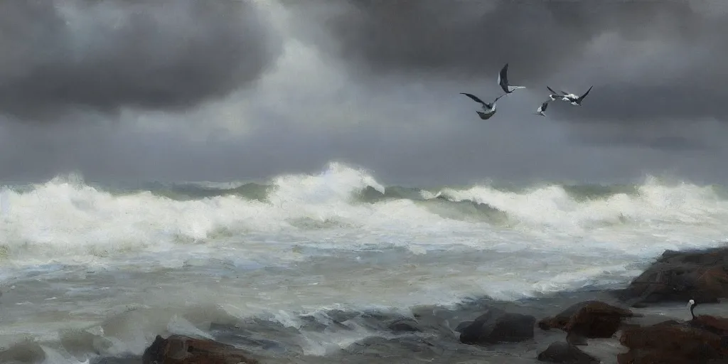 Prompt: storm, grey clouds, seagulls above a rough surf, jeremy lipking