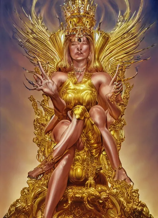 Image similar to airbrush painting of an amazing golden queen seated over a fantasy throne, by hajime sorayama and boris vallejo, realistic, hyperdetailed, centered, fantastic, masterpiece, trending on artstation,