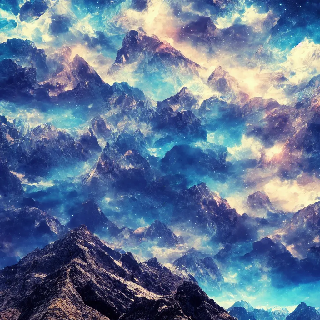 Image similar to vertical, mountains, limit, universe, galaxy, upwards, photo, blue sky, realistic, highly detailed, cinematic