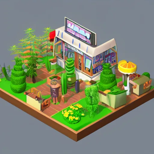Prompt: isometric cute cartoon of utopian cafe building cross section, a few cannabis leaf pots. by benoit mandelbrot, render pixar, low poly digital art artstation sims video game still australian