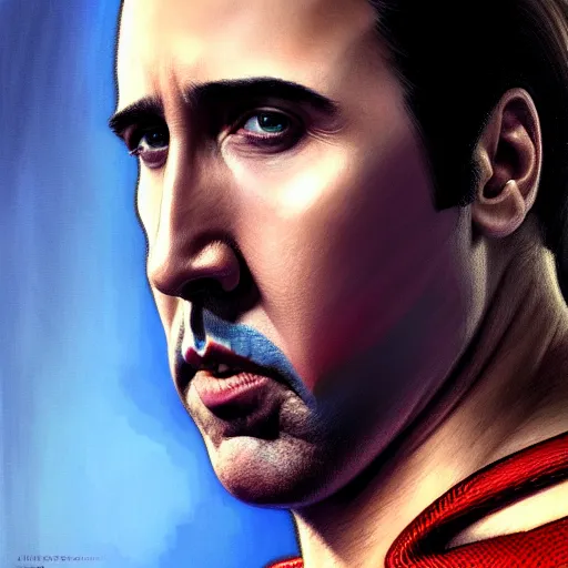 Image similar to upper body portrait of nicolas cage as superman, intricate, elegant, highly detailed, digital painting, artstation, concept art, smooth, sharp focus, illustration, art by artgerm and greg rutkowski and alphonse mucha, award winning, 8 k