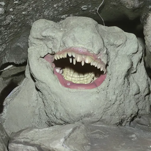 Image similar to photo inside a cavern of a wet reptilian humanoid partially hidden behind a rock, with black eyes, open mouth and big teeth