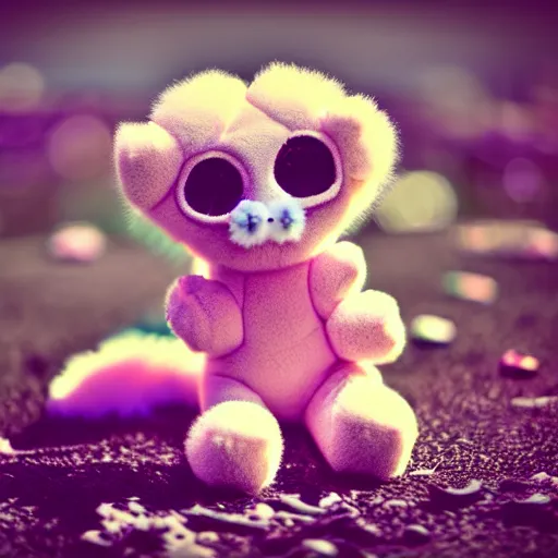 Image similar to lomography long shot of cute plush fluffy chthonic monster made to look like a baby, bokeh background, lsd colors