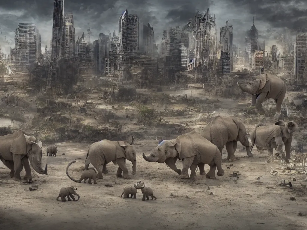 Image similar to apocalyptic city with baby elephants and baby rhino, photorealistic render