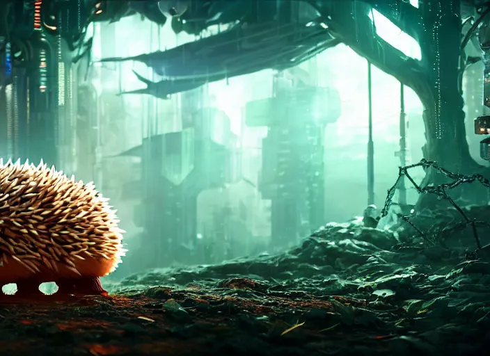 Image similar to portrait of a cyborg hedgehog, on the background of a weird magical mechanical forest. Very detailed 8k. Fantasy cyberpunk horror. Sharp. Cinematic post-processing. Unreal engine. Nanite. Ray tracing. Parallax. Tessellation