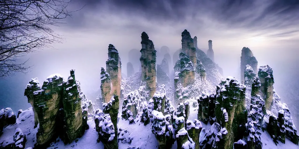 Prompt: Breath-taking beautiful snow, beach, rocks, clouds, mist, Zhangjiajie, An aesthetically pleasing, dynamic, energetic, lively, complex, intricate, detailed, well-designed digital art of snow, beach, rocks, clouds, mist, Zhangjiajie in early morning, light and shadow, overlaid with aizome patterns, Shin-hanga by Thomas Kinkade and Bob Ross, traditional Japanese colors, superior quality, masterpiece, featured, trending, award winning, HDR, HD, UHD, 4K, 8K, anamorphic widescreen