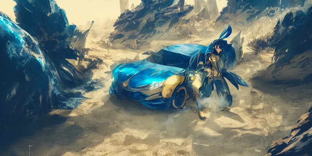 Image similar to blue knight holding a gold sword, green hatchback car screen left, low wide angle, anime, desert landscape, greg rutkowski, Murata, one punch man manga, cinematic, digital art, hyper realistic