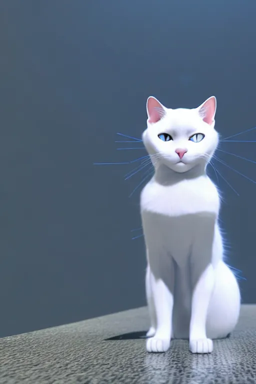 Image similar to a white cat with blue eyes wearing a red formal overcoat, hyperrealistic, concept art, octane render, unreal engine 5, realistic and defined face, profile picture, digital art, pixar and disney style, symmetrical, high quality, highly detailed, high coherence, path traced, house background, low contrast, beautiful, elegant clothes