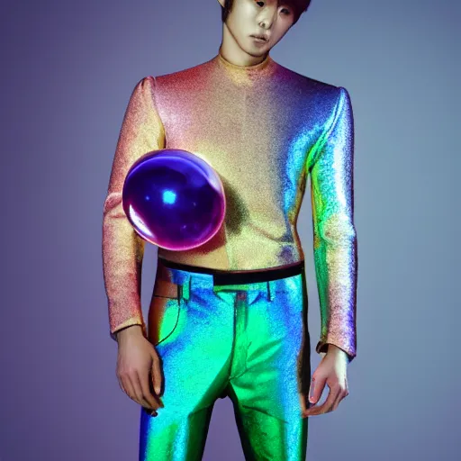 Image similar to a giant iridescent soap bubble in front of a beautiful athletic slim young korean male dressed by alexander mcqueen, photographed by erwin olaf for an art gallery