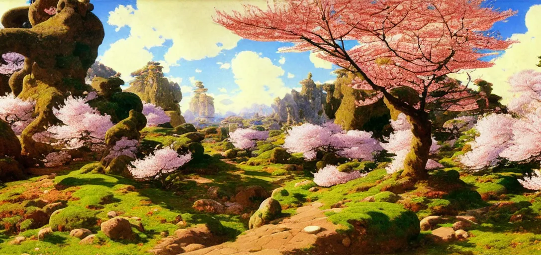 Image similar to ghibli illustrated background of a strikingly beautiful landform with strange rock formations and cherry blossoms by vasily polenov, eugene von guerard, ivan shishkin, albert edelfelt, john singer sargent, albert bierstadt 4 k