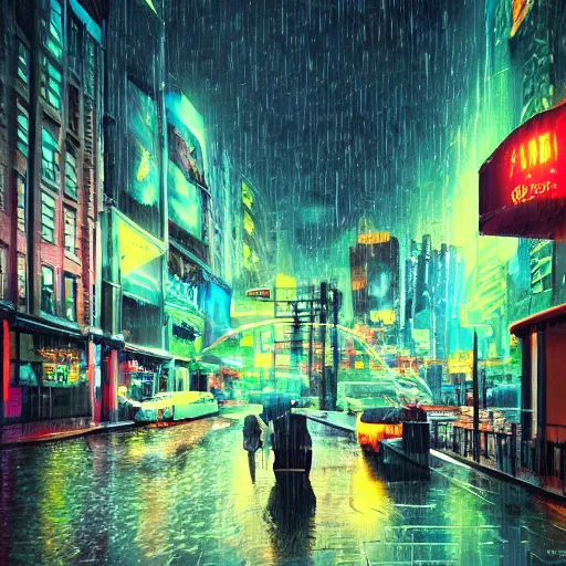 Image similar to Bustling photorealistic!!! rainy (((neon))) street in a utopian city illustrated and reimagined by Max Hay, inverted fisheye lens!!!, eyelevel!!! view!!! photography, trending on artstation, 4k, 8k, lens distortion, chromatic aberration, soft focus blur, photorealistic imagery, photorealistic details, intricate, highly detailed, artstation 3d, artstation render, artstation 3d render, 3d art, unreal engine 3d, octane 3d, blender 3d, 3d landscape
