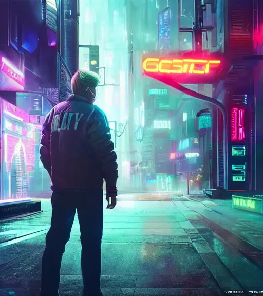 Image similar to marty mcfly wearing a futuristic outfit in a cyberpunk city, neon signs, futuristic, realistic, 8 k, extremely detailed, cgi, trending on artstation, hyper - realistic render, 4 k hd wallpaper, premium prints available, by greg rutkowski, esuthio, craig mullins, dystopian scifi gear, gloomy