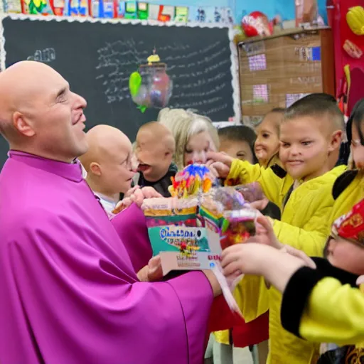 Image similar to The bald pope giving candy to children in a kindergarden