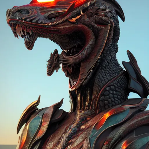 Image similar to a highly detailed close-up bust, of a beautiful majestic anthropomorphic robot female dragon, with smooth and streamlined mechanical armor, standing and posing elegantly in front of the camera, well detailed head with soft LED eyes, sharp teeth, two arms, artstation, DeviantArt, professional, octane render, sunset lighting