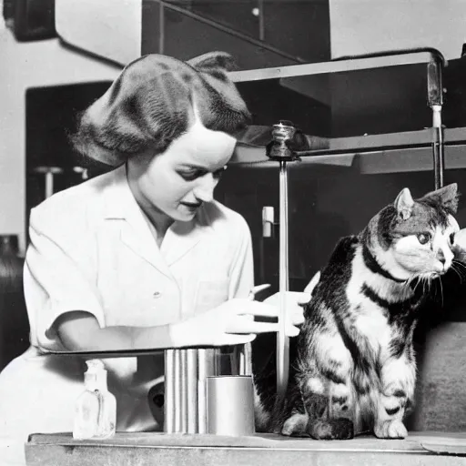 Prompt: A hybrid of a cat and a dog in a laboratory. 1940s photograph.