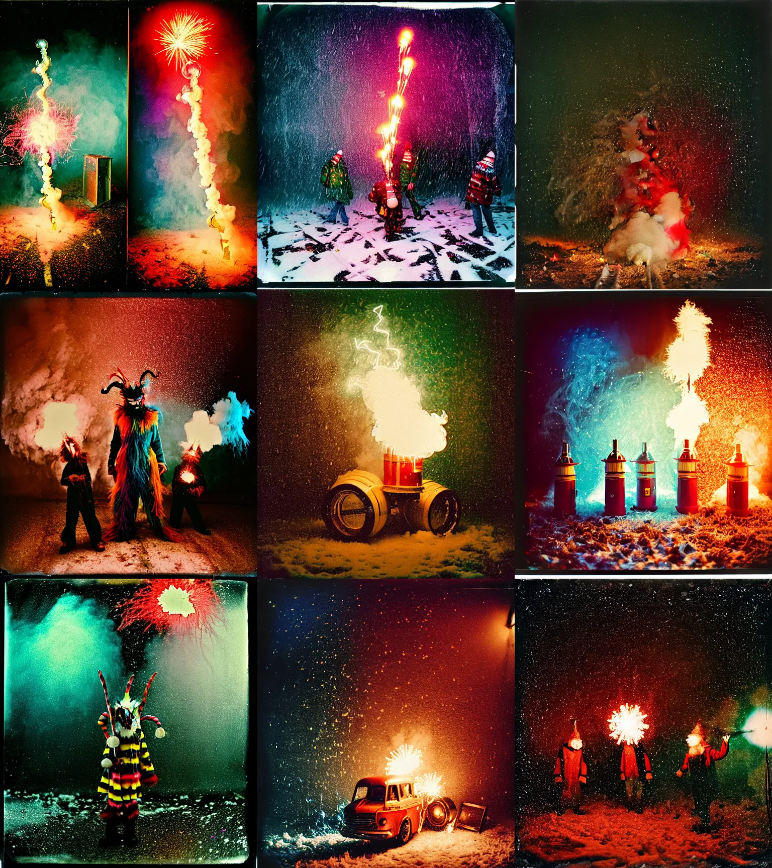 Prompt: kodak portra 4 0 0, wetplate, winter, snowflakes, rainbow coloured rockets, chaos, glitter tornados, award winning dynamic photo of a bunch of hazardous krampus between exploding fire barrels by robert capas, motion blur, in a small pantry at night with colourful pyro fireworks and torches, teal lights