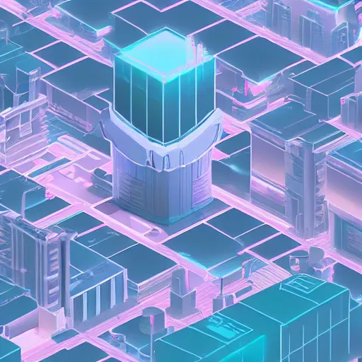 Prompt: a low-poly isometric digital matte painting of a large and dramatic nuclear blast cloud above a urban cyberpunk nighttime city skyline, vaporwave, #isometric