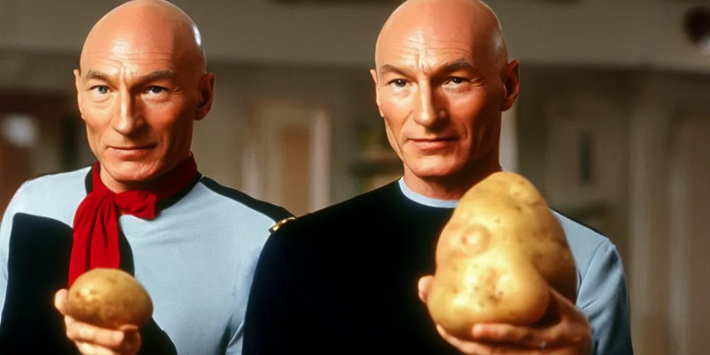 Image similar to a still from a 90s tv show of Captain Picard holding a potato