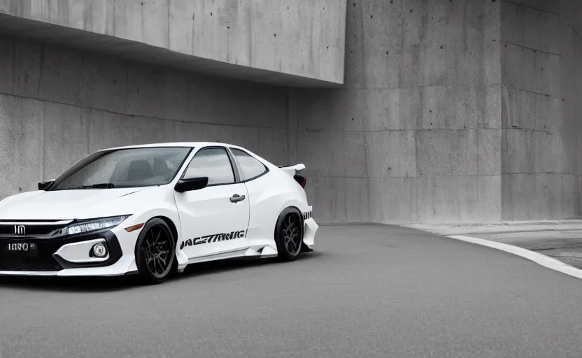 Prompt: honda civic, akina mountain downhill, prototype car, without rims, 1 9 8 0 design, designed by polestar, cyberpunk, elegant, intricate details, matte white paint, hard surfaces modelling, dramatic, ray tracing, realistic reflections, ultra realistic rendering, sharp focus