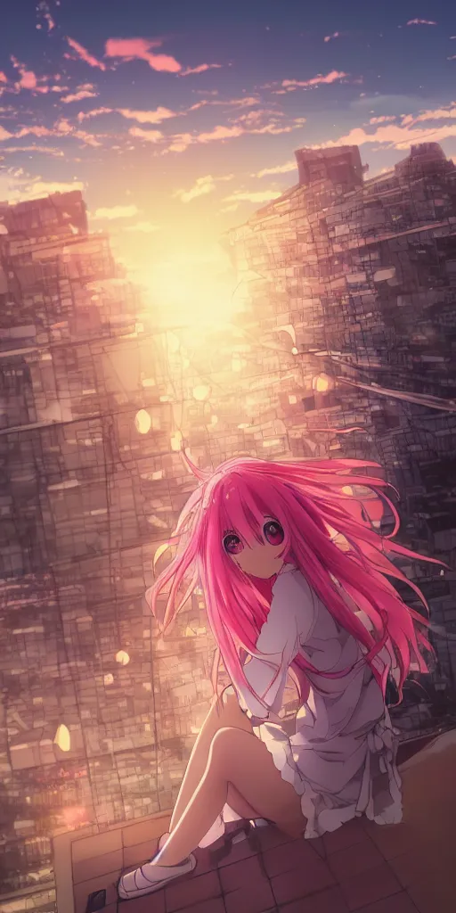 Image similar to anime art, anime key visual of a cute elegant anime girl with pink hair and big eyes, city rooftop at sunset with clouds, golden hour sunset, background blur bokeh!, beautiful lighting, high quality illustration, studio ghibli