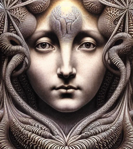 Image similar to detailed realistic beautiful light goddess face portrait by jean delville, gustave dore, iris van herpen and marco mazzoni, art forms of nature by ernst haeckel, art nouveau, symbolist, visionary, gothic, neo - gothic, pre - raphaelite, fractal lace, intricate alien botanicals, ai biodiversity, surreality, hyperdetailed ultrasharp octane render