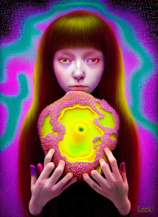 Image similar to hyper detailed 3d render like a Oil painting - kawaii portrait Aurora (serious honey haired hacker girl Singer) seen Eating of the Strangling network of yellowcake aerochrome and milky Fruit and Her delicate Hands hold of gossamer polyp blossoms bring iridescent fungal flowers whose spores black the foolish stars by Jacek Yerka, Mariusz Lewandowski, Houdini algorithmic generative render, Abstract brush strokes, Masterpiece, Edward Hopper and James Gilleard, Zdzislaw Beksinski, Mark Ryden, Wolfgang Lettl, hints of Yayoi Kasuma, octane render, 8k