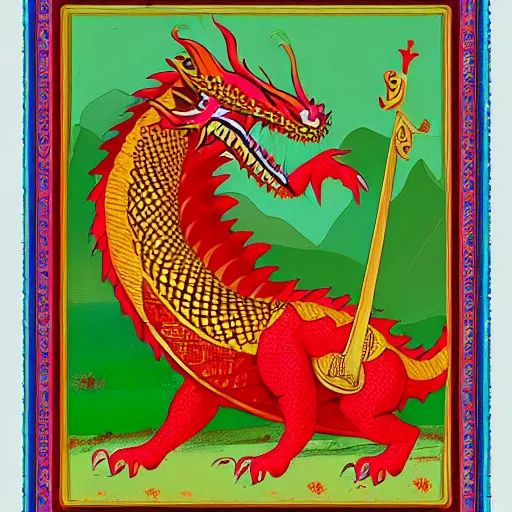 Prompt: russian dragon playing balalika guitar, children tales style,