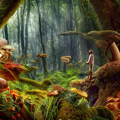 Image similar to extra wide view. person made of mushrooms standing in a marvelous magic forest jungle inhabited with fantastic creatures. iridescent. annihilation. hyper - detailed. hyperreal. unreal render.