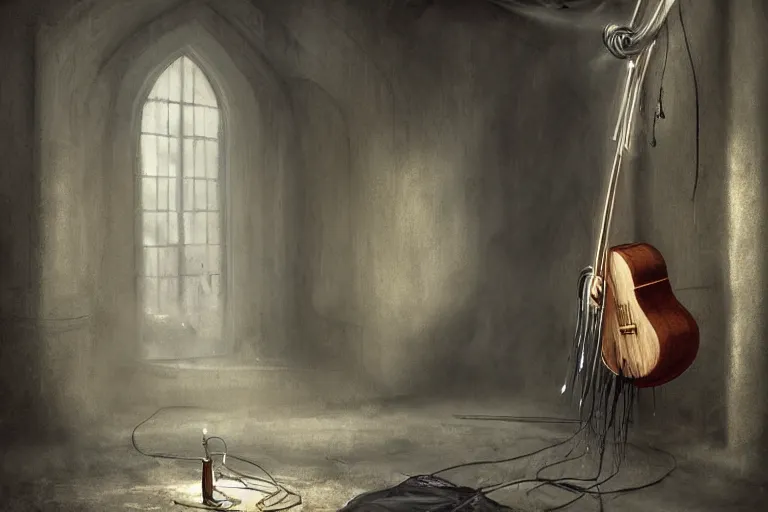 Prompt: still life painting, a lute with smoke wisping up from its smoldering string, cursed baroque with ebony inlay, designed by brian froud and hr giger leans against the wall alone, abandoned. an empty brutalist chamber, lonely, somberlate afternoon lighting cinematic fantasy painting by jessica rossier