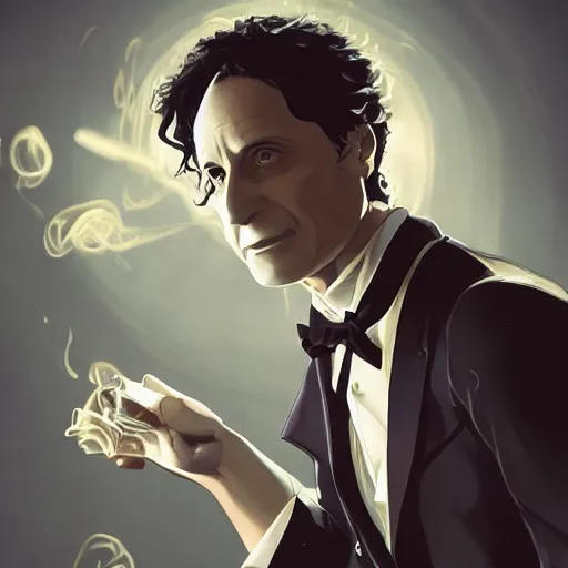 Image similar to portrait of harry houdini world greatest magician of the smokes and mirror, anime fantasy illustration by tomoyuki yamasaki, kyoto studio, madhouse, ufotable, square enix, cinematic lighting, trending on artstation