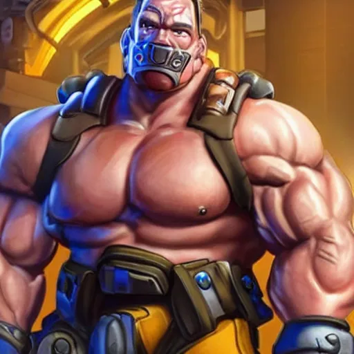 Image similar to a screenshot of arnold schwarzenegger in overwatch as roadhog